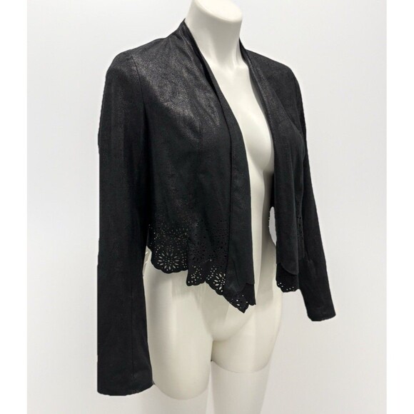 INC Black Suede Cropped Bolero Jacket Open Front Sz S Laser Cut Design - Picture 2 of 6
